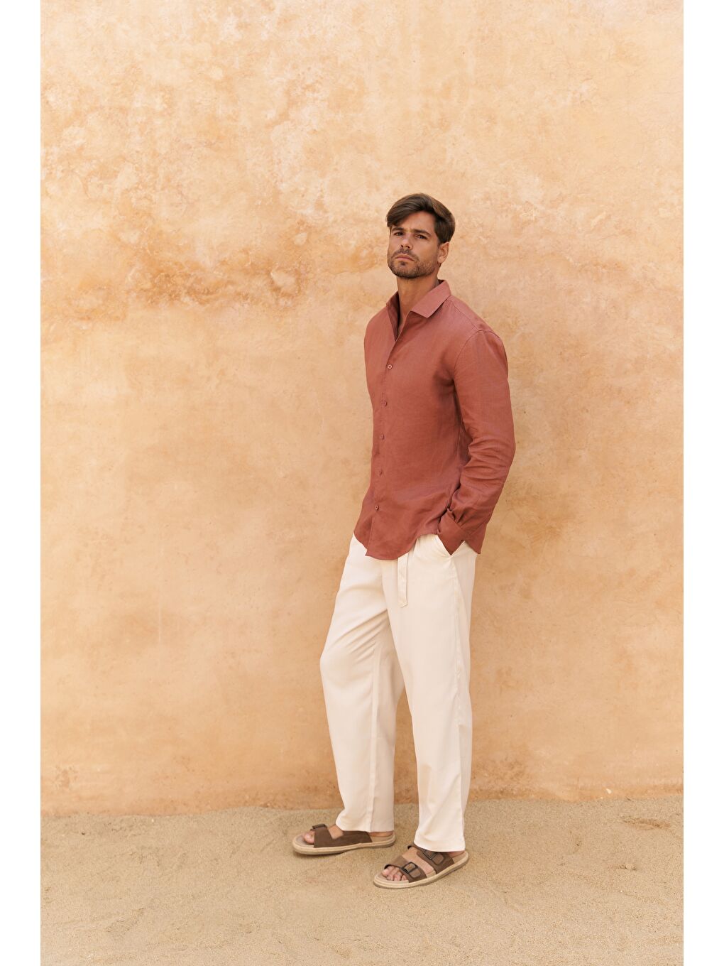 Kahverengi Ottavia Tarçın Keten Oversize Erkek Gömlek-2