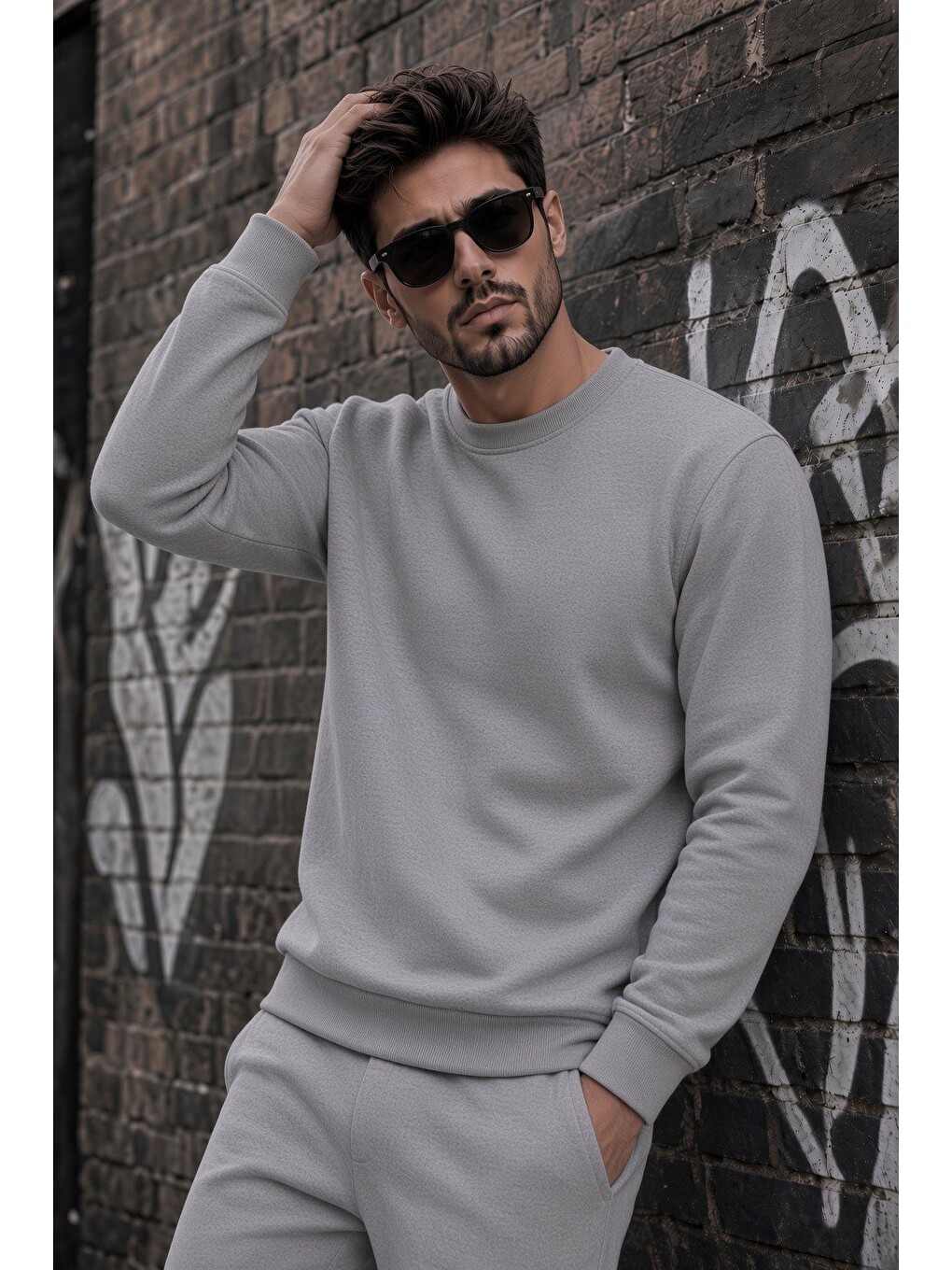 Gri John Erkek İki İpli Şardonlu Düz Renk Günlük Bisiklet Yaka Sweatshirt-1
