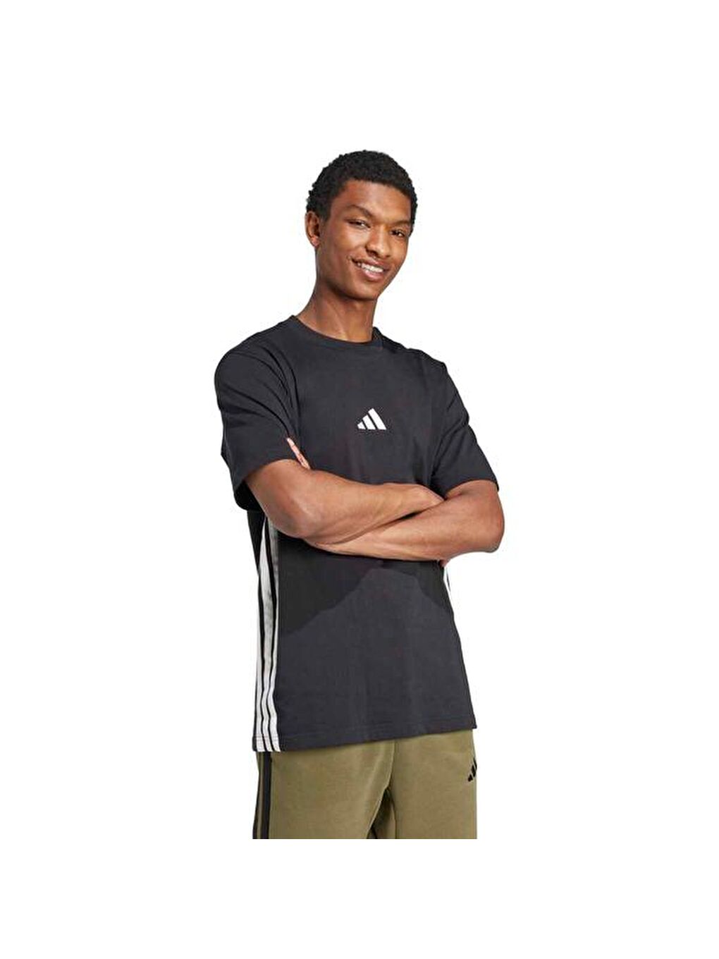 Essentials 3 Stripes Single Jersey Erkek Siyah Tişört-2
