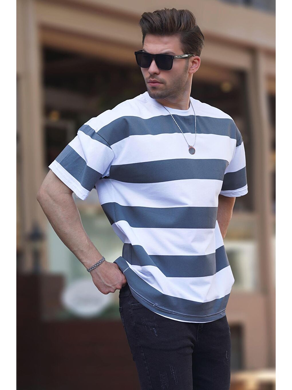 Gri Füme Oversize Renk Bloklu Bisiklet Yaka Kısa Kollu %100 Pamuk Tişört 7030-3