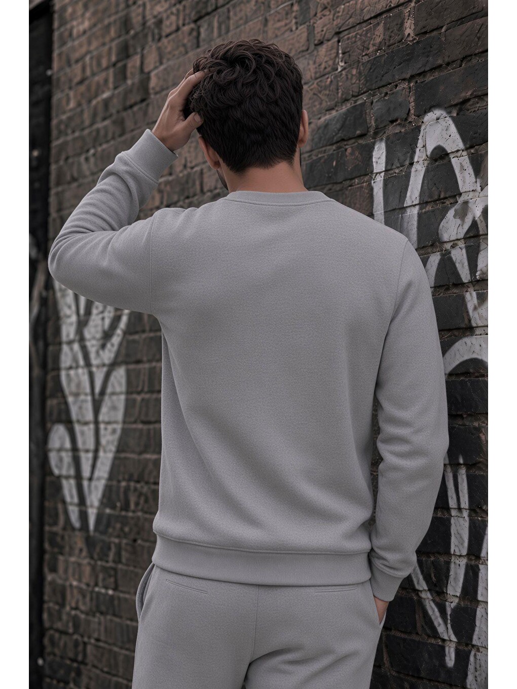 Gri John Erkek İki İpli Şardonlu Düz Renk Günlük Bisiklet Yaka Sweatshirt-2