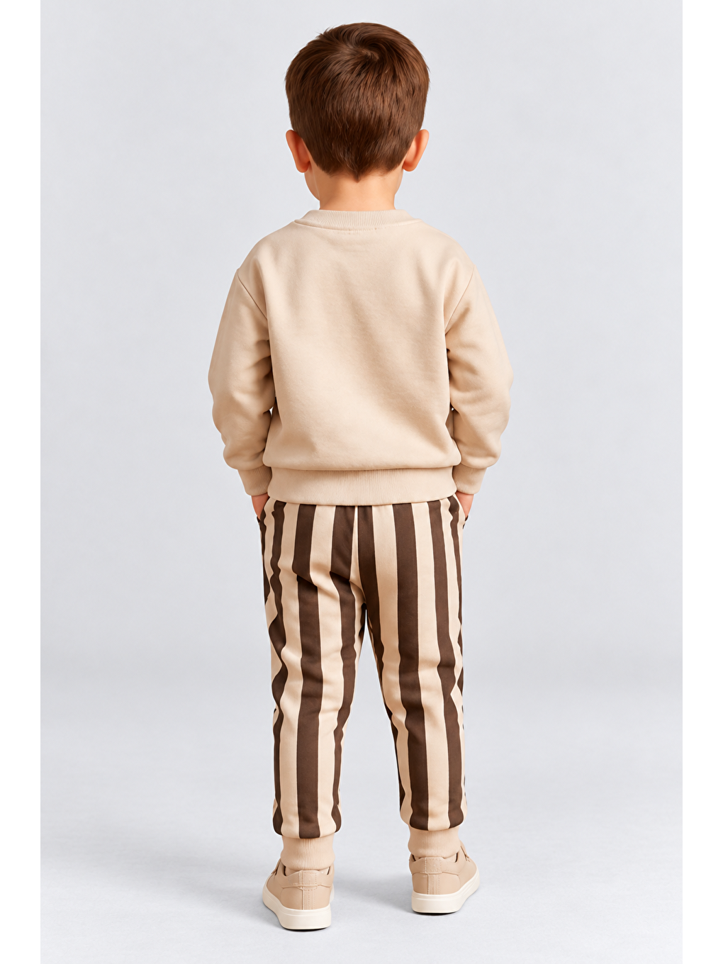 Kahverengi Erkek Çocuk Great New Day Baskılı Sweatshirt Ve Çizgili Eşofman Altı 2’li Takım Ak124-4