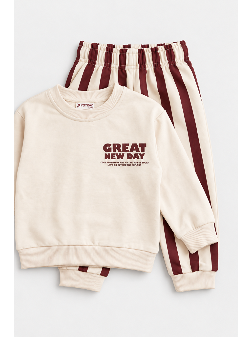 Bordo Erkek Çocuk Great New Day Baskılı Sweatshirt Ve Çizgili Eşofman Altı 2’li Takım Ak124-1