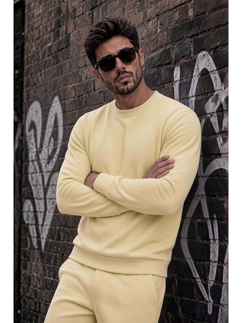 Sarı John Erkek İki İpli Şardonlu Düz Renk Günlük Bisiklet Yaka Sweatshirt-1