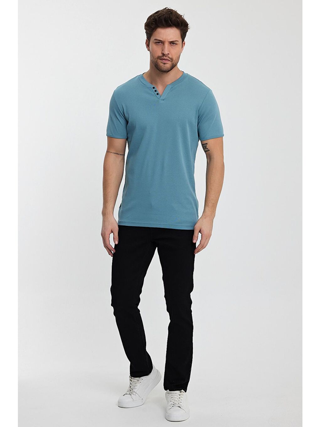 Mavi Riabana Önü Düğmeli Bisiklet Yaka Tişört-1