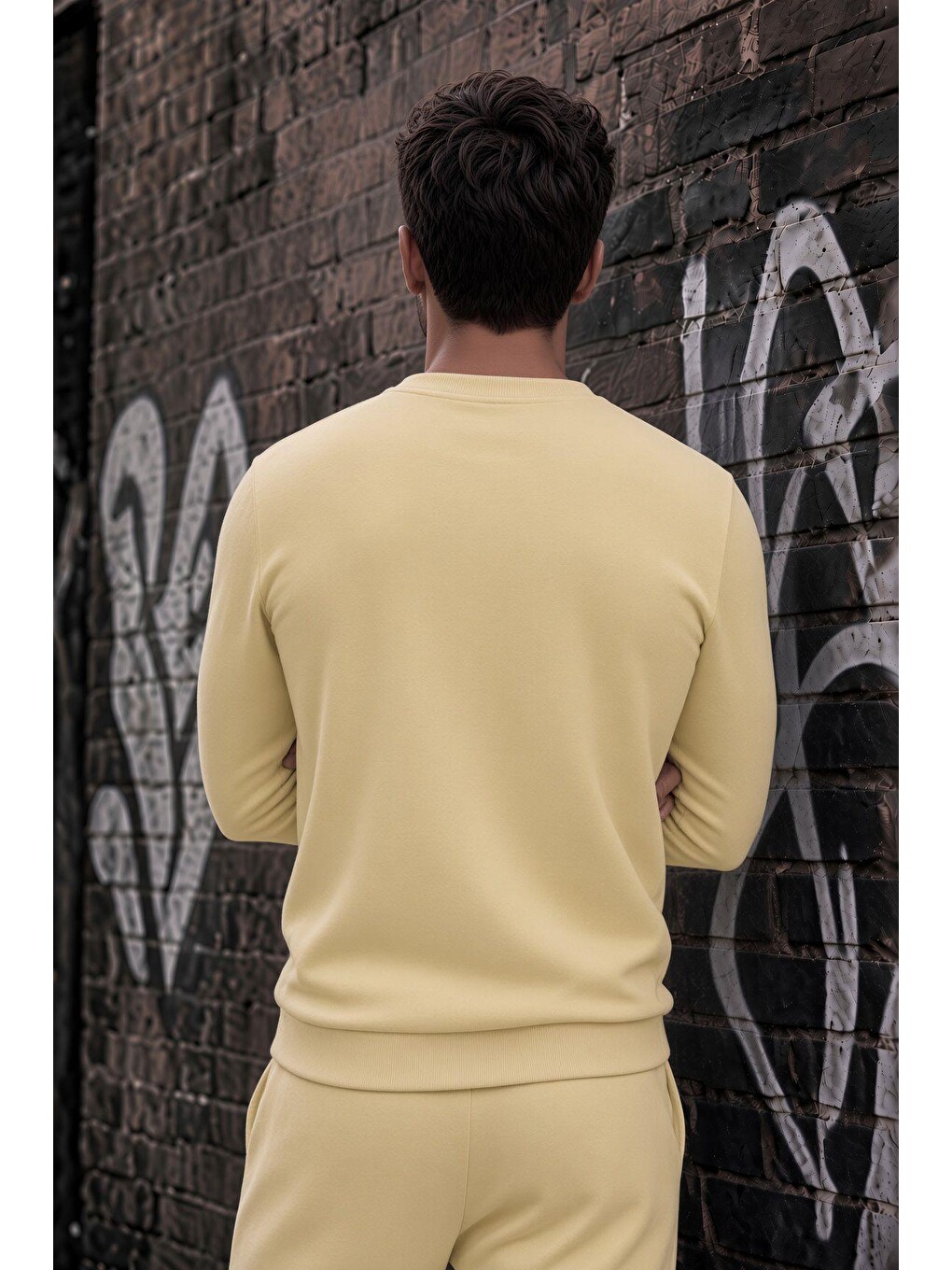 Sarı John Erkek İki İpli Şardonlu Düz Renk Günlük Bisiklet Yaka Sweatshirt-2