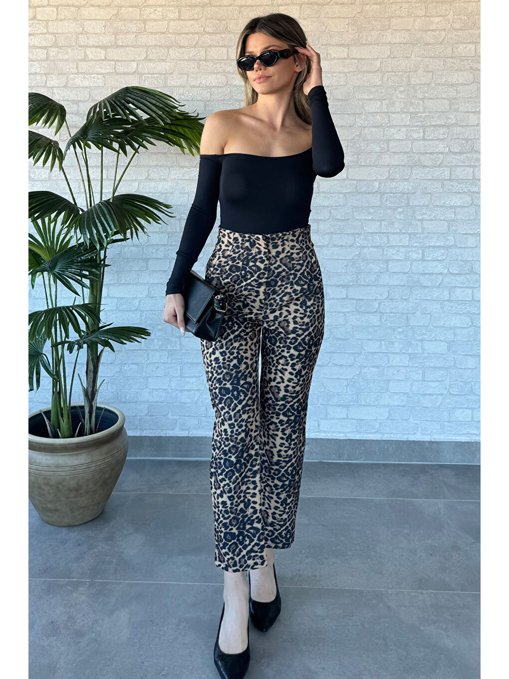 Kahverengi Kadın Yüksek Bel Leopar Desen Pantolon-1