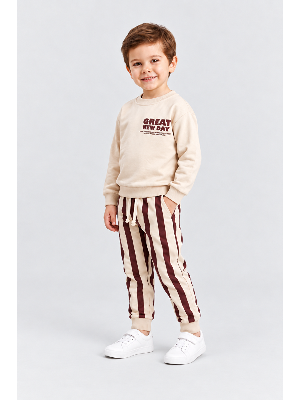 Bordo Erkek Çocuk Great New Day Baskılı Sweatshirt Ve Çizgili Eşofman Altı 2’li Takım Ak124-2
