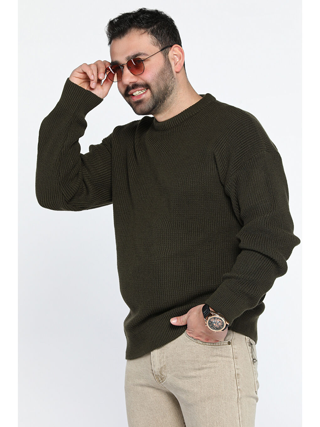 Haki Erkek Bisiklet Yaka Örme Triko Kazak
