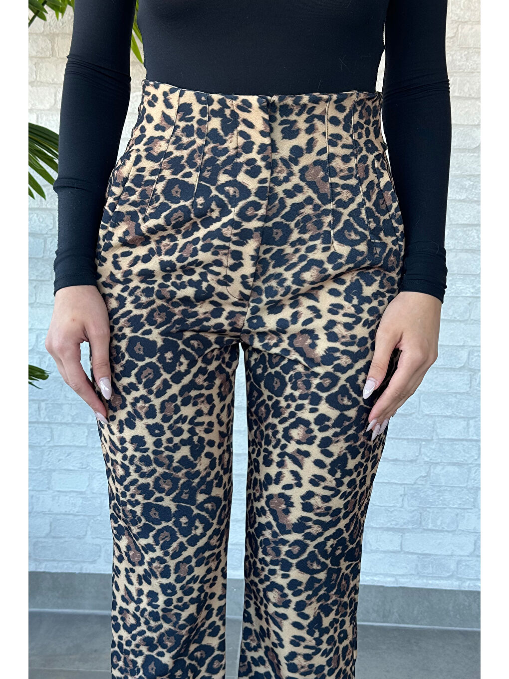 Kahverengi Kadın Yüksek Bel Leopar Desen Pantolon-2
