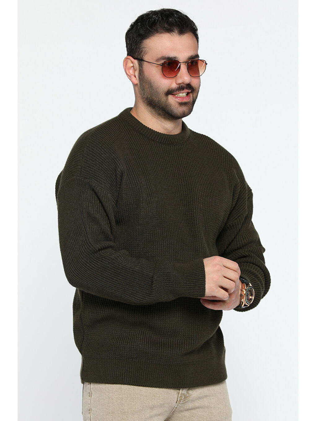 Haki Erkek Bisiklet Yaka Örme Triko Kazak-1