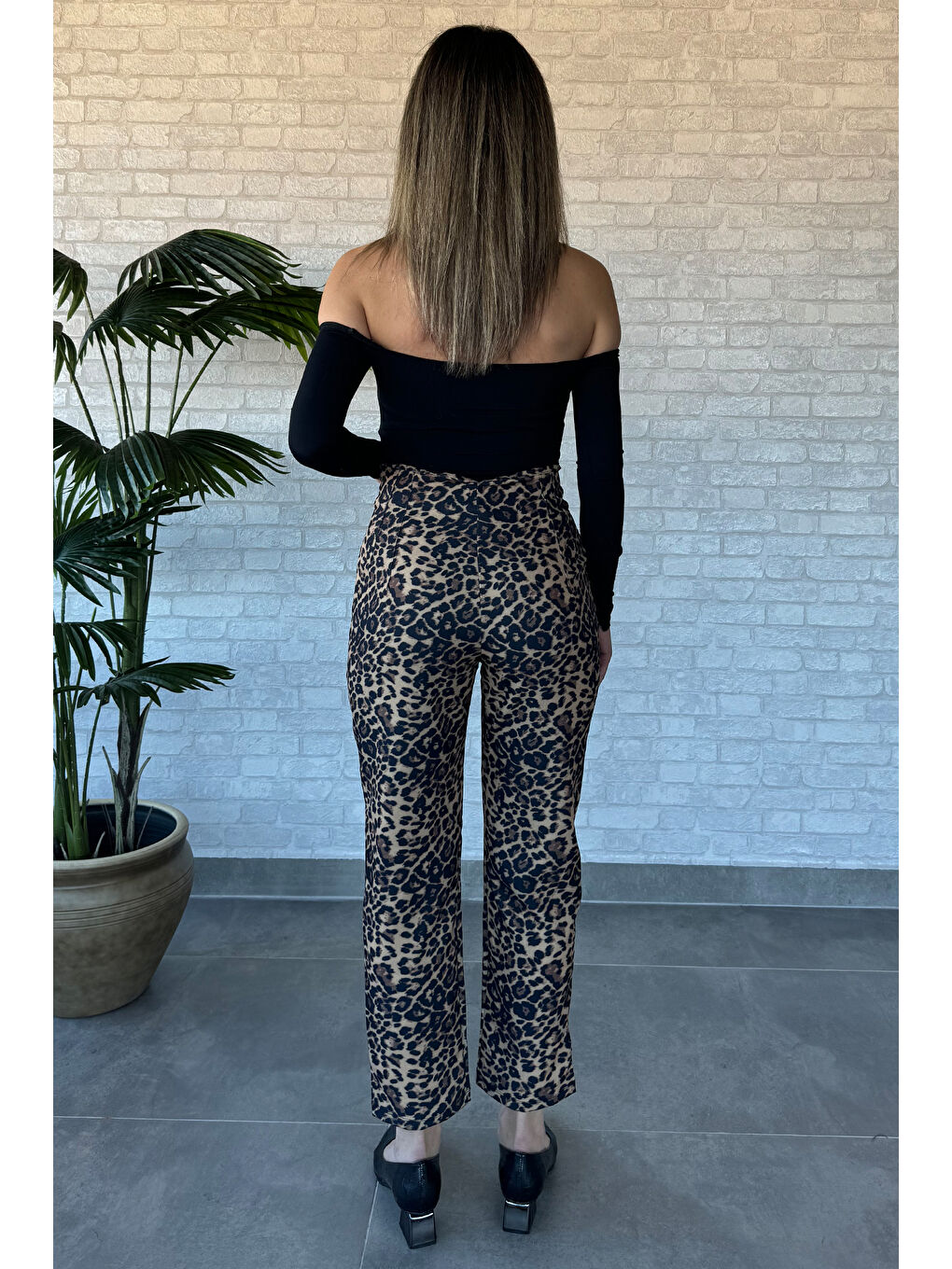 Kahverengi Kadın Yüksek Bel Leopar Desen Pantolon-3