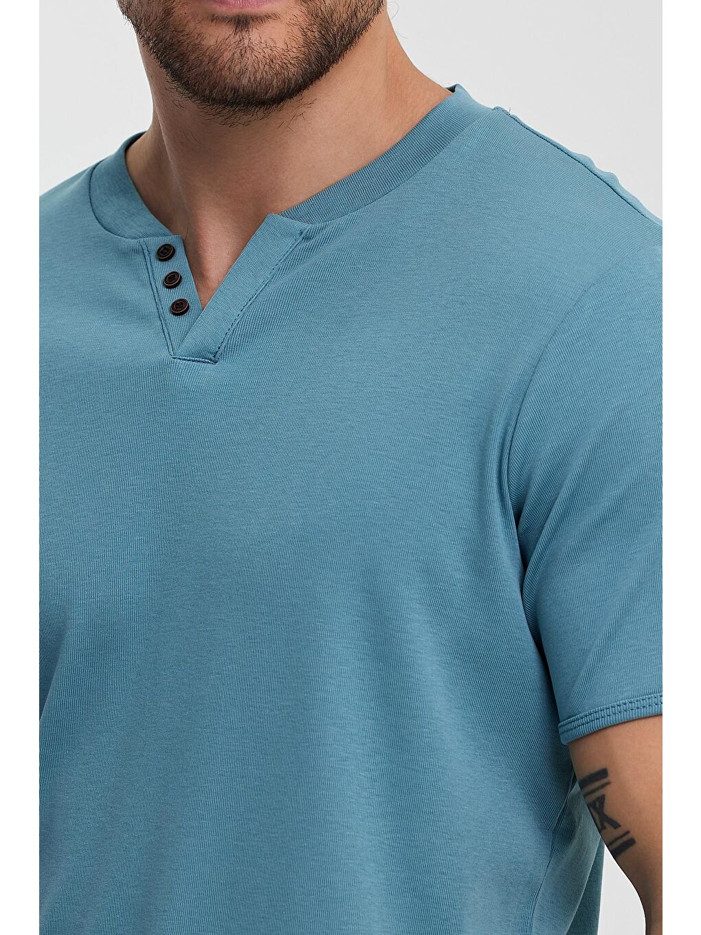 Mavi Riabana Önü Düğmeli Bisiklet Yaka Tişört-2