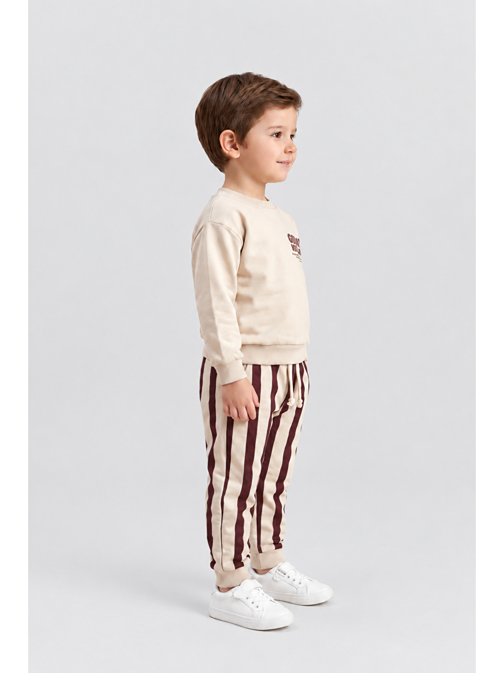 Bordo Erkek Çocuk Great New Day Baskılı Sweatshirt Ve Çizgili Eşofman Altı 2’li Takım Ak124-3