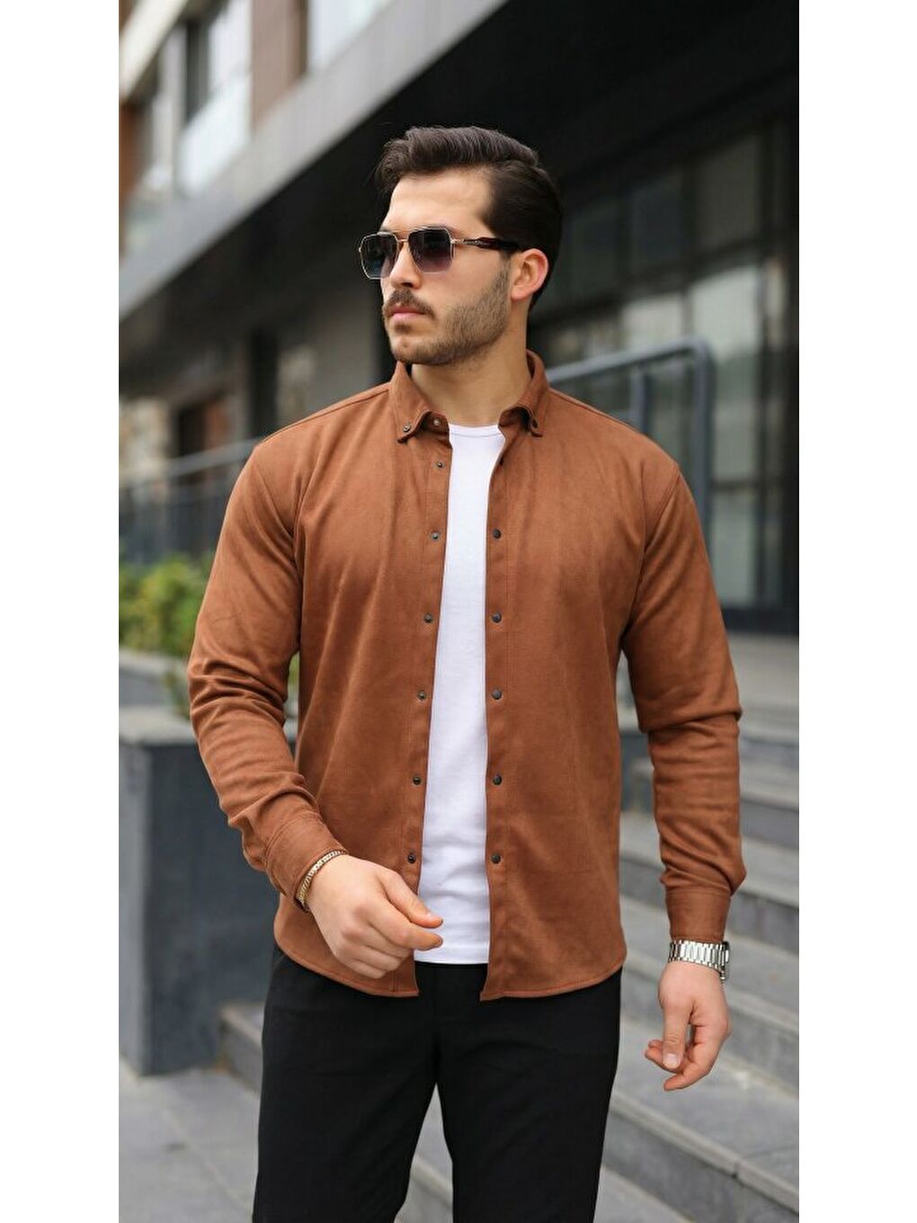 Kahverengi Erkek Uzun Kollu Süet Gömlek
