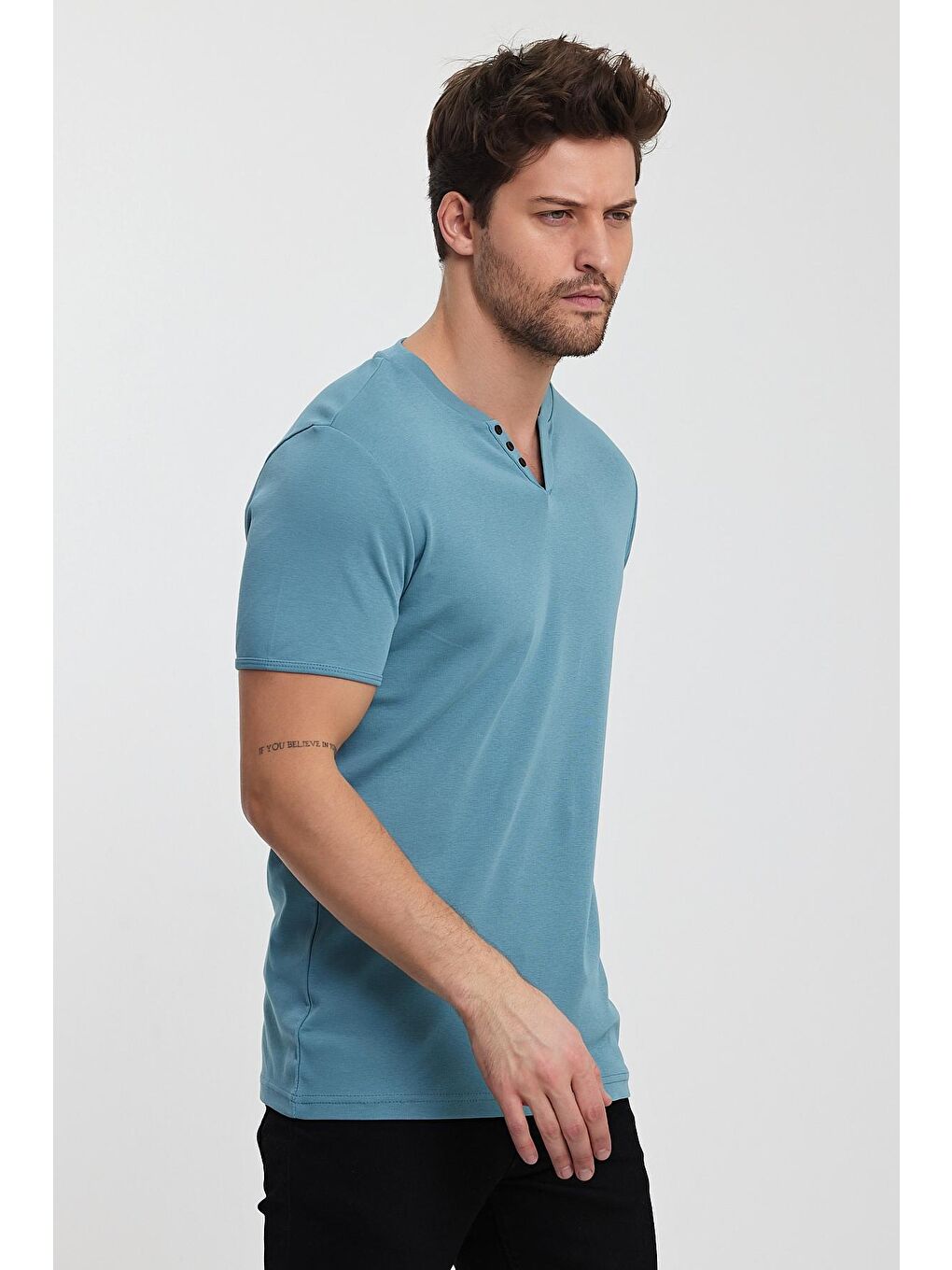 Mavi Riabana Önü Düğmeli Bisiklet Yaka Tişört-3