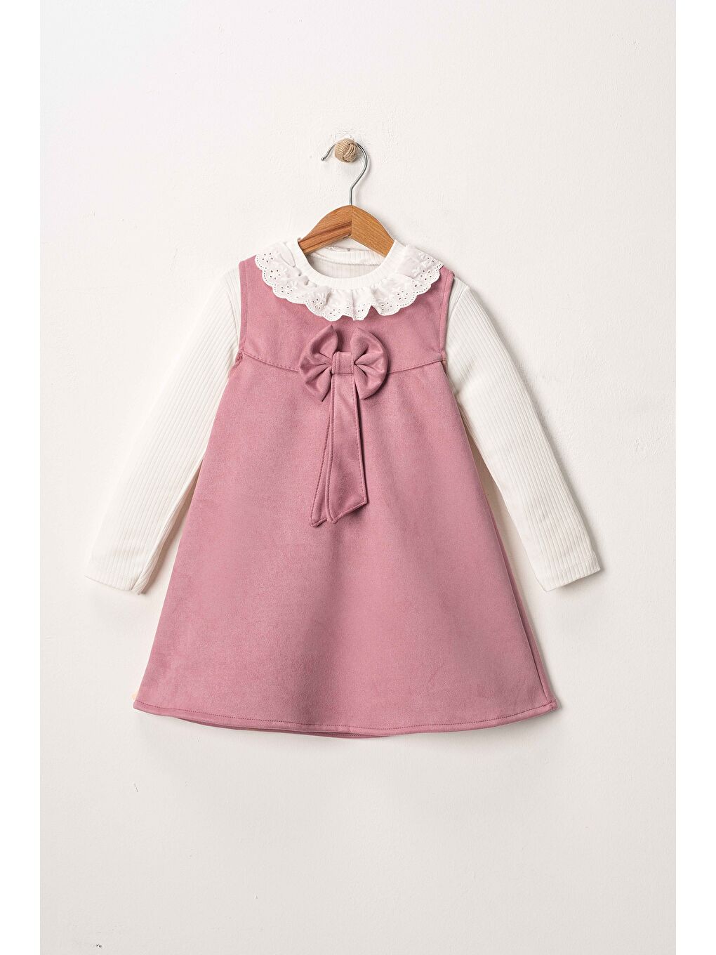 Pembe Kız Çocuk Fiyonk Detaylı İkili Süet Elbise ELB.1001