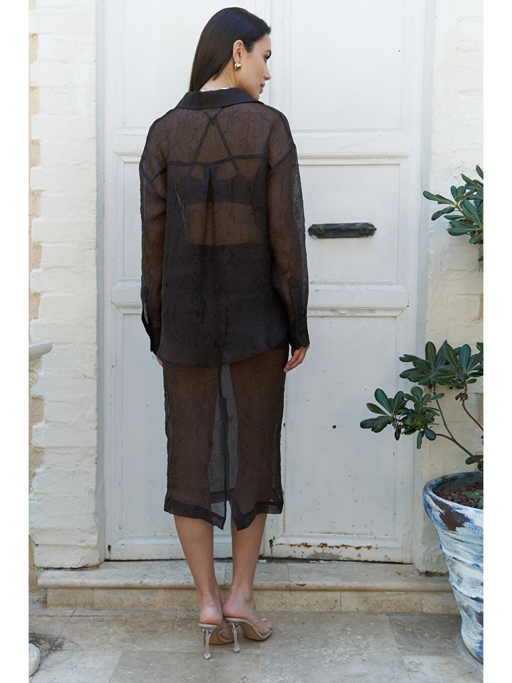 Kahverengi Sorcha Kahve Transparan Gömlek Etek Takım-3