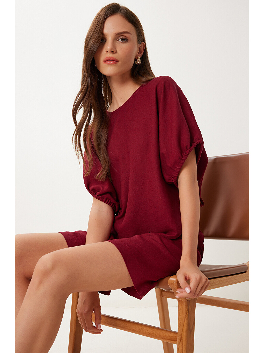 Bordo Keten Bluz Şort Takım BORDO LMX0098
