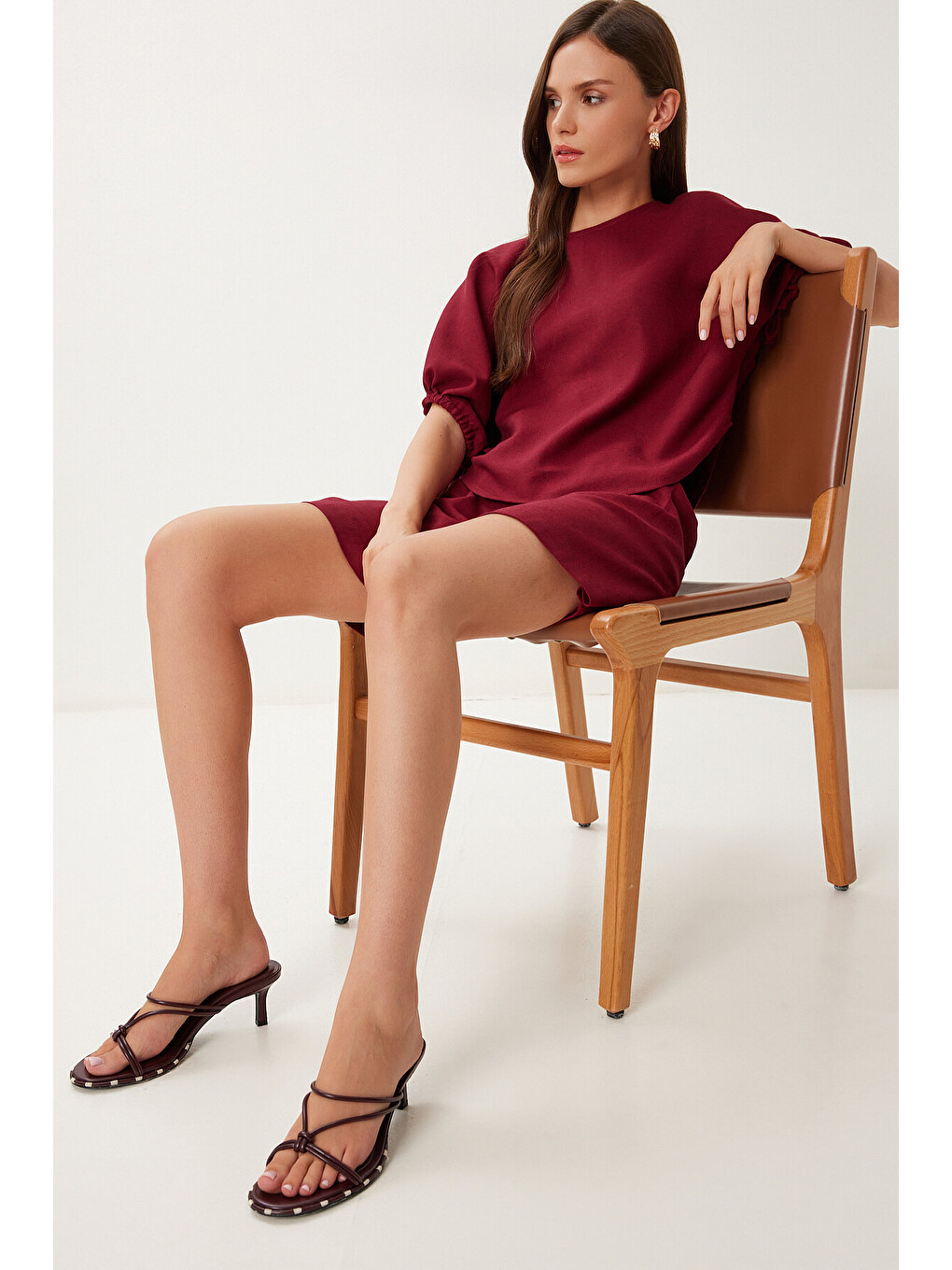 Bordo Keten Bluz Şort Takım BORDO LMX0098-1