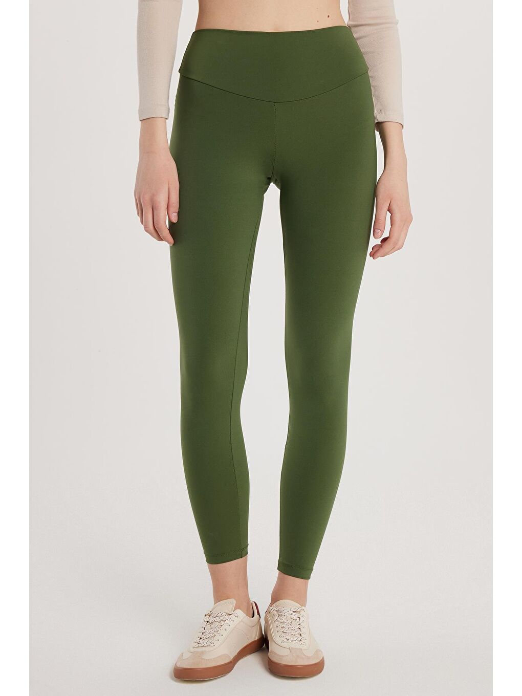 Kadın Süper Slim Beli Lastikli İnterlok Standart Boy Normal Bel Haki Tayt