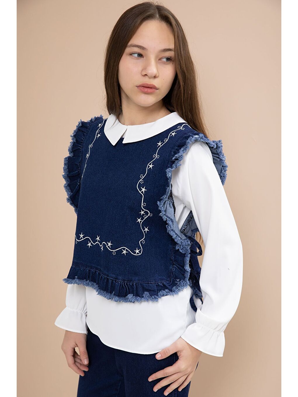 Lacivert Nakışlı Jean Süveterli Püsküllü Pantolonlu 3lü Kız Çocuk Jean Takım 23484-2