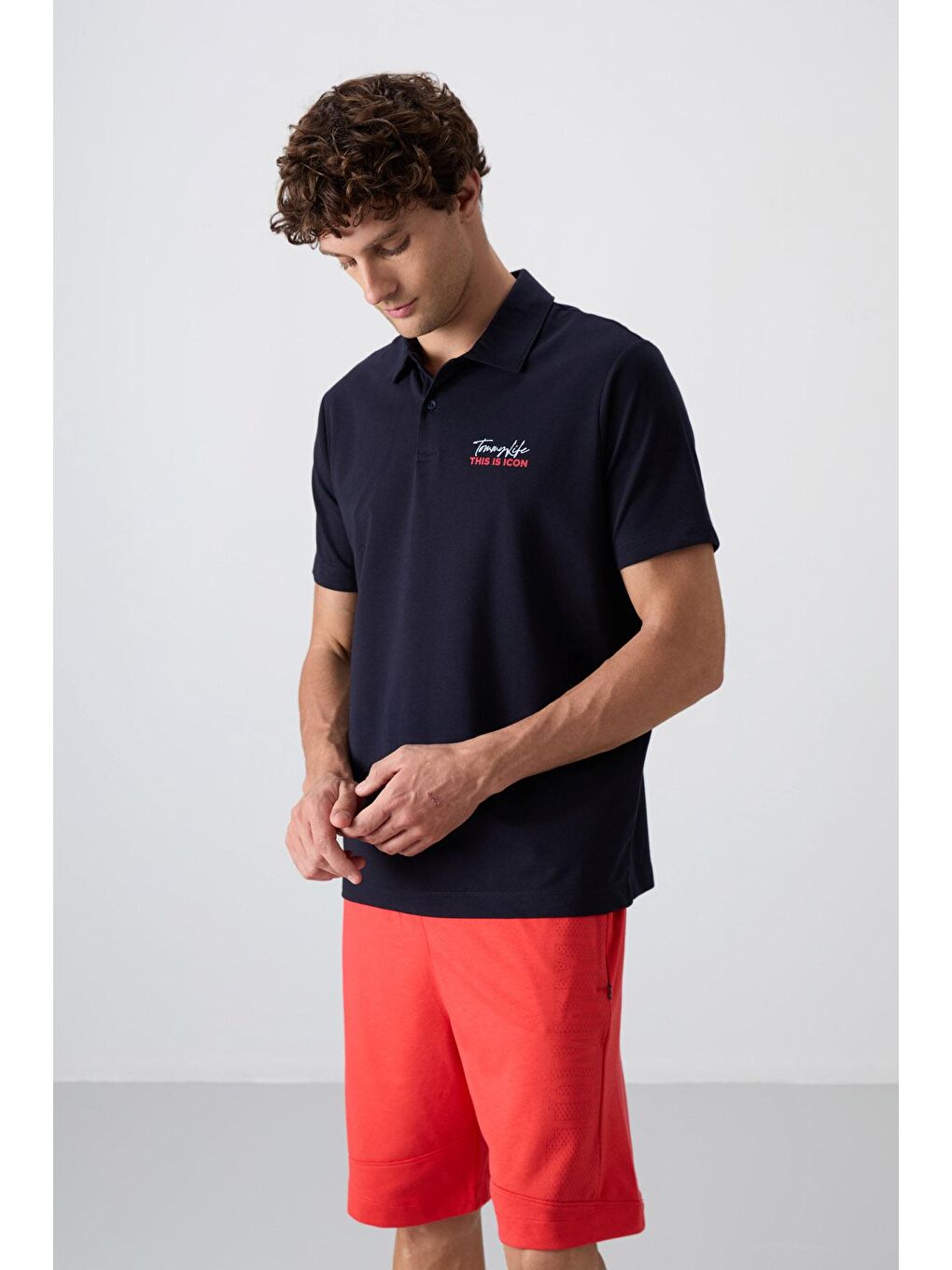 TOMMYLIFE Lacivert Pamuklu Kalın Yumuşak Dokulu Standart Fit Baskılı Polo Yaka Erkek T-Shirt - 88346