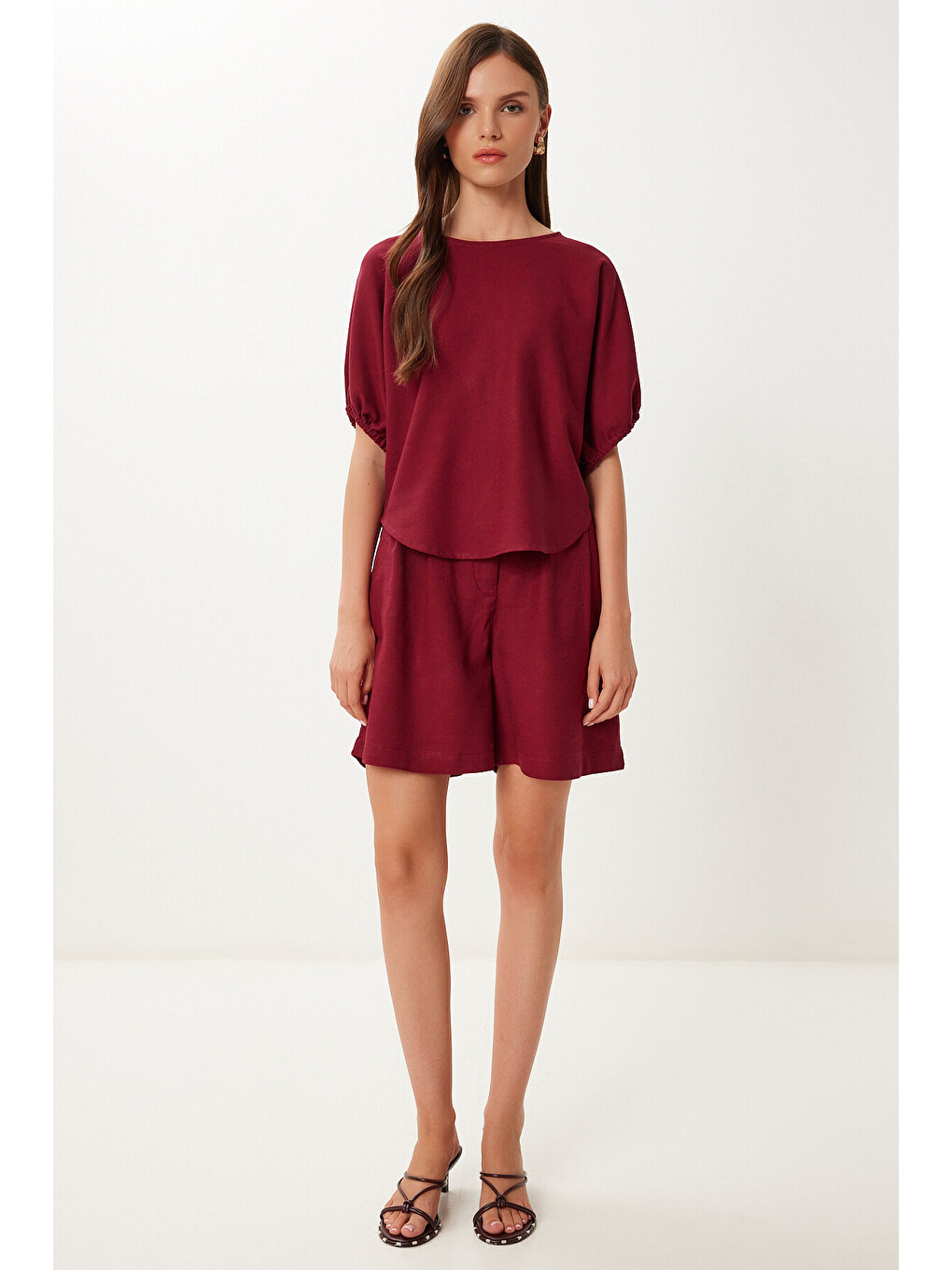 Bordo Keten Bluz Şort Takım BORDO LMX0098-2