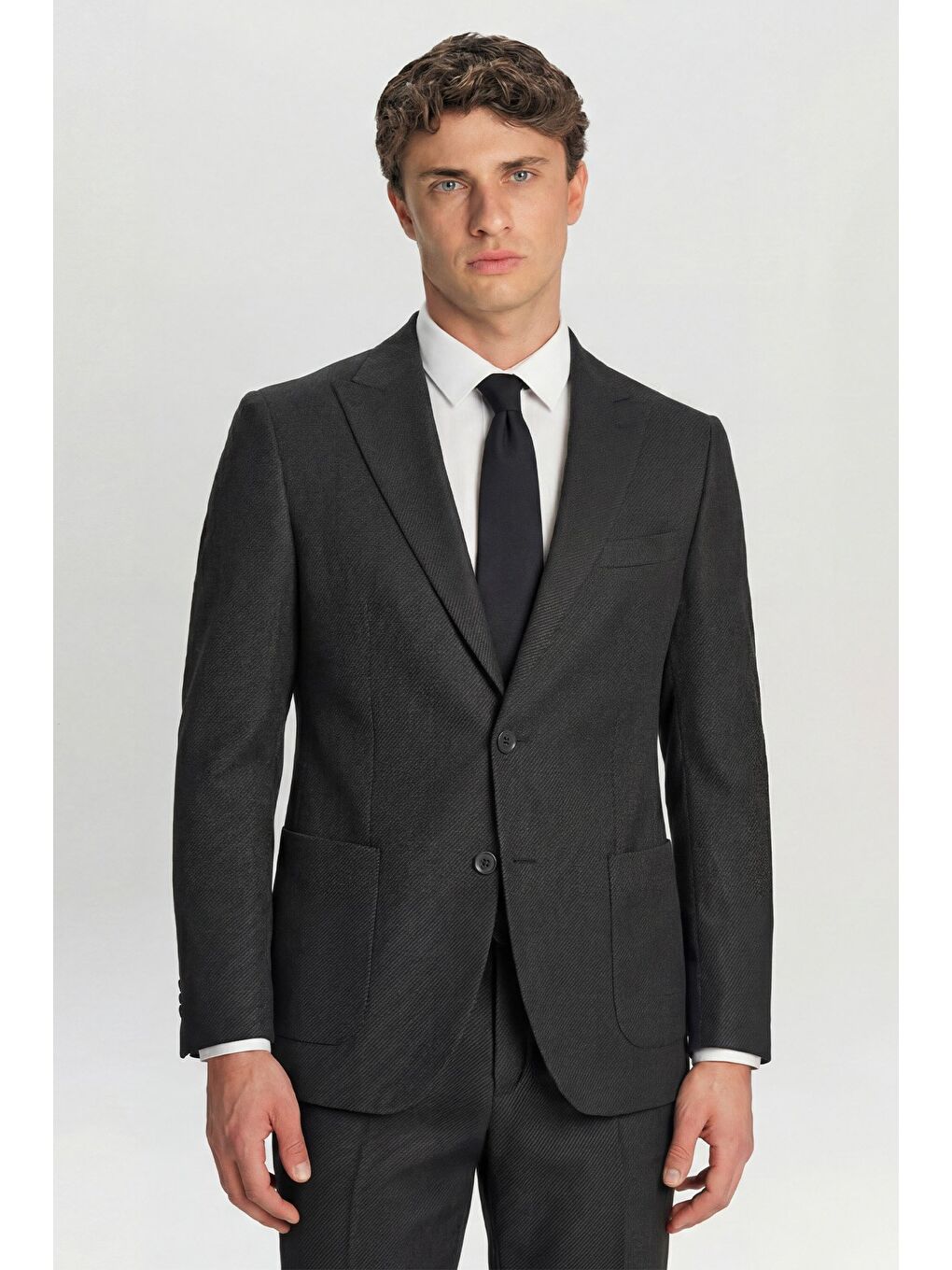 Erkek Antrasit Slim Fit Sivri Yaka Diyagonal Desenli 6 Drop Tam Astarlı Takım Elbise