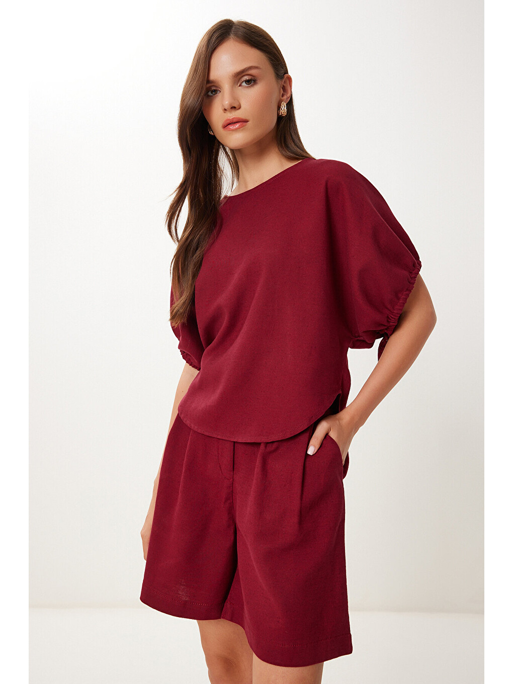 Bordo Keten Bluz Şort Takım BORDO LMX0098-3