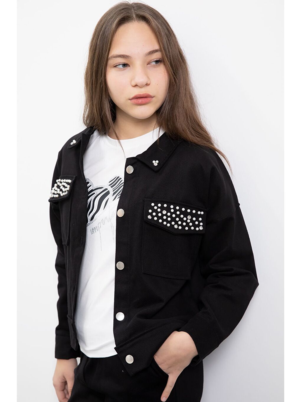 Siyah İnci Detaylı Jean Ceketli Kız Çocuk 3lü Pantolonlu Takım 23480-1