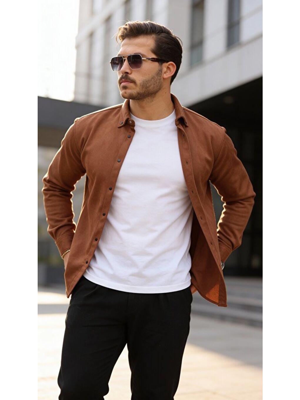 Kahverengi Erkek Uzun Kollu Süet Gömlek-2