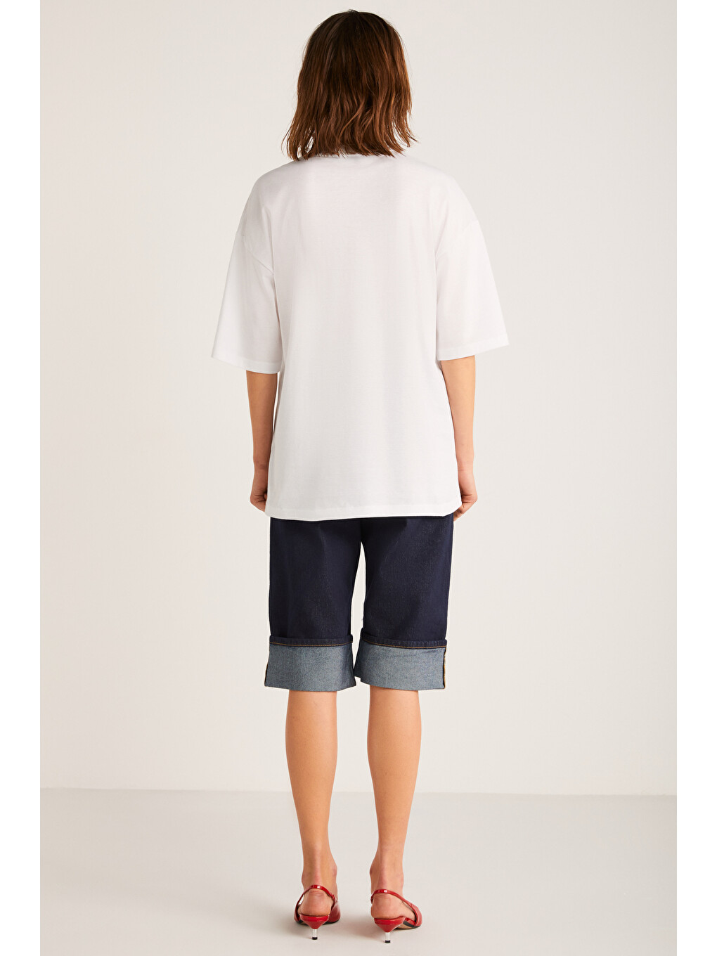 Beyaz ODALYS Kadın %100 Organik Pamuklu Oversize Fit Bol Kesim Kiraz Baskılı Bisiklet Yaka BEYAZ T-Shirt-6