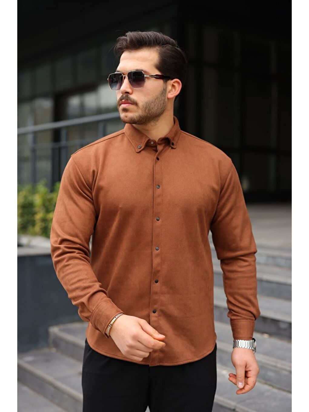 Kahverengi Erkek Uzun Kollu Süet Gömlek-3
