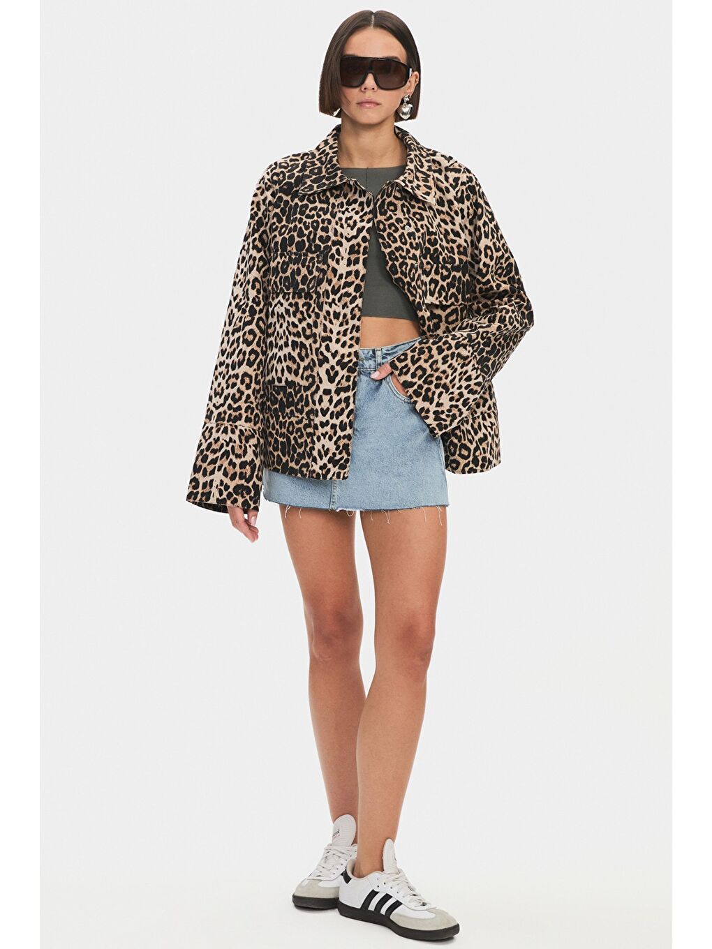 Bej Kadın Gömlek Yaka Leopar Desenli Ceket-4