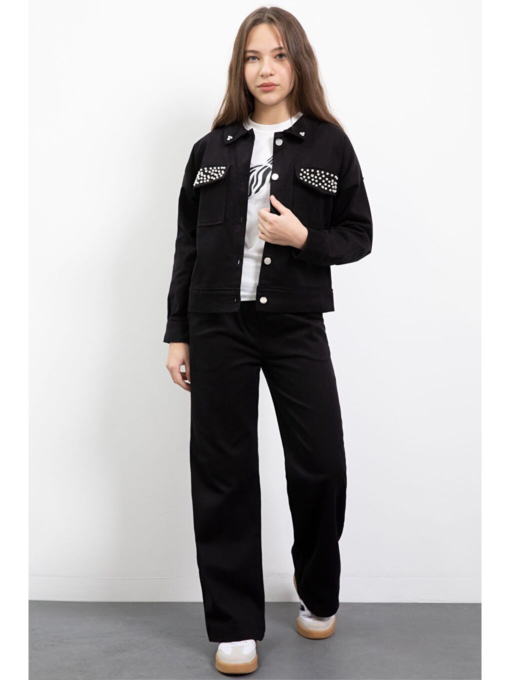 Siyah İnci Detaylı Jean Ceketli Kız Çocuk 3lü Pantolonlu Takım 23480-2