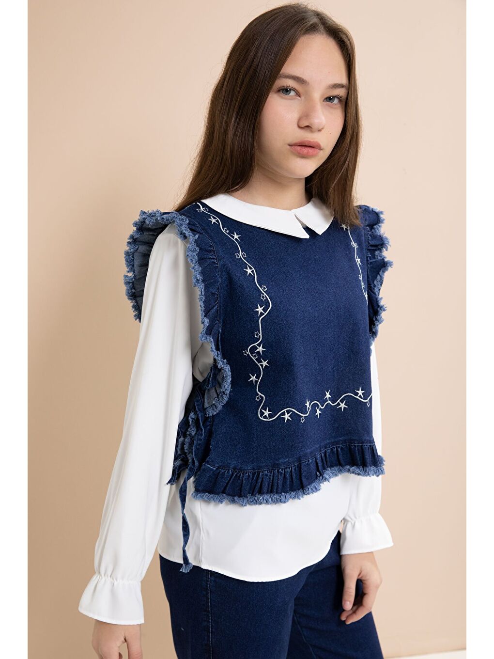 Lacivert Nakışlı Jean Süveterli Püsküllü Pantolonlu 3lü Kız Çocuk Jean Takım 23484-4