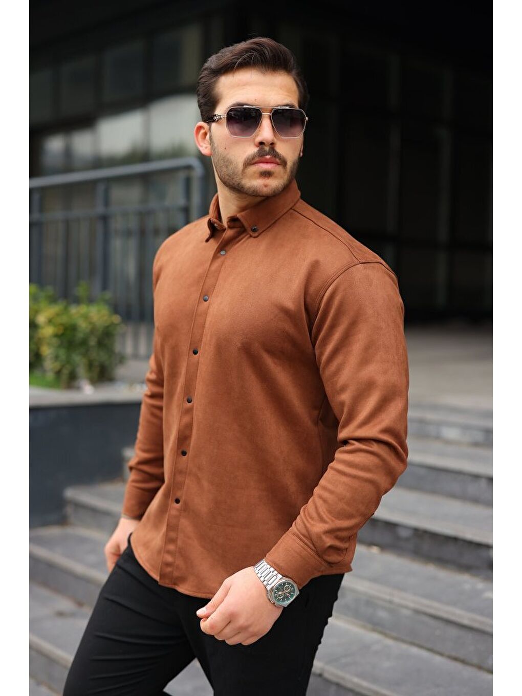 Kahverengi Erkek Uzun Kollu Süet Gömlek-4