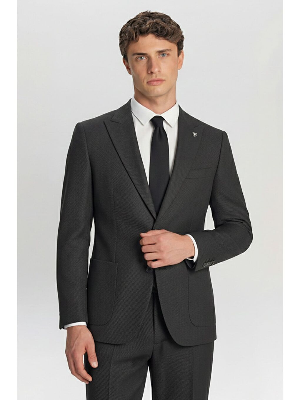 Erkek Antrasit Slim Fit Sivri Yaka Diyagonal Desenli 6 Drop Tam Astarlı Takım Elbise-1