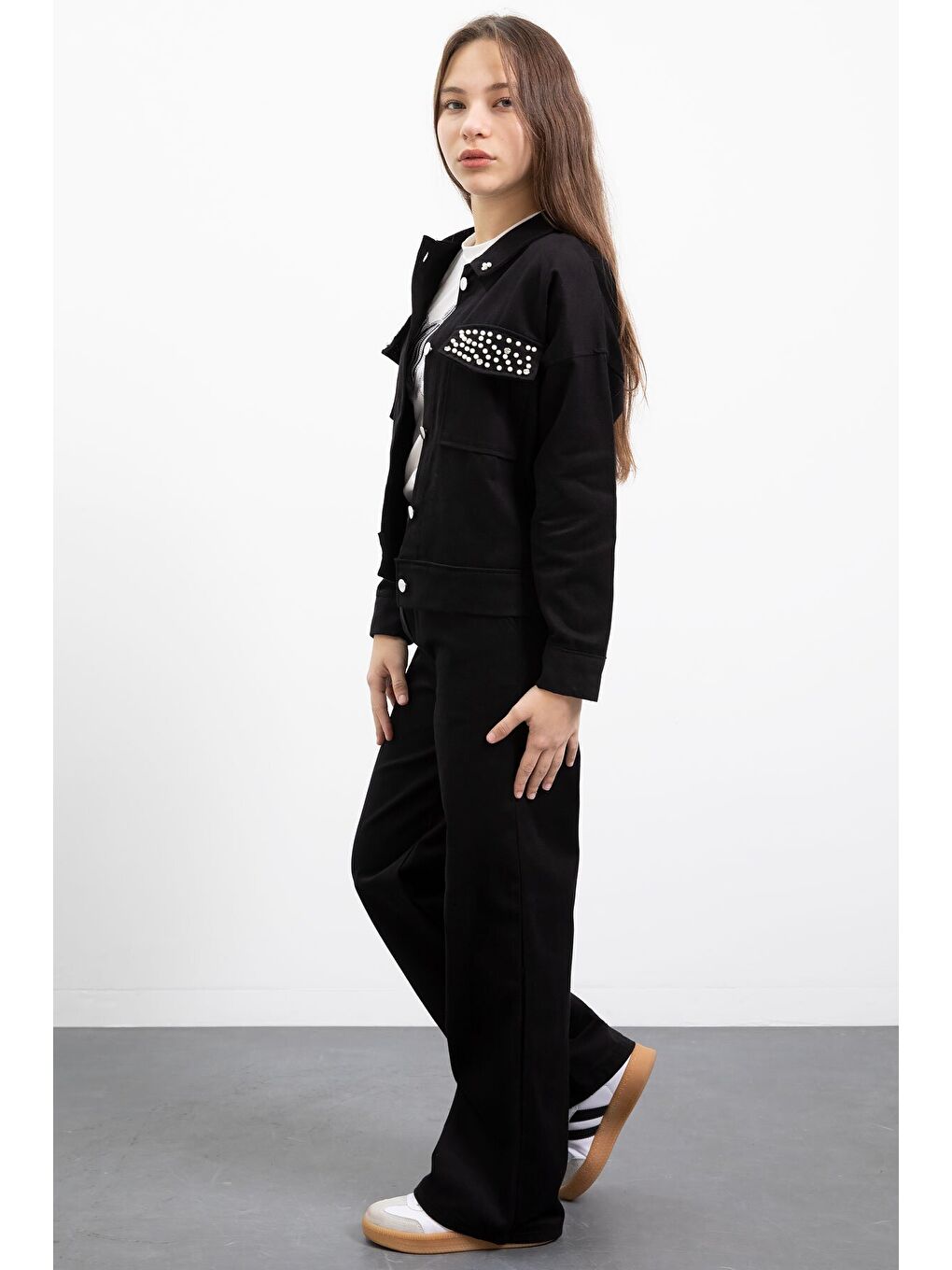 Siyah İnci Detaylı Jean Ceketli Kız Çocuk 3lü Pantolonlu Takım 23480-3