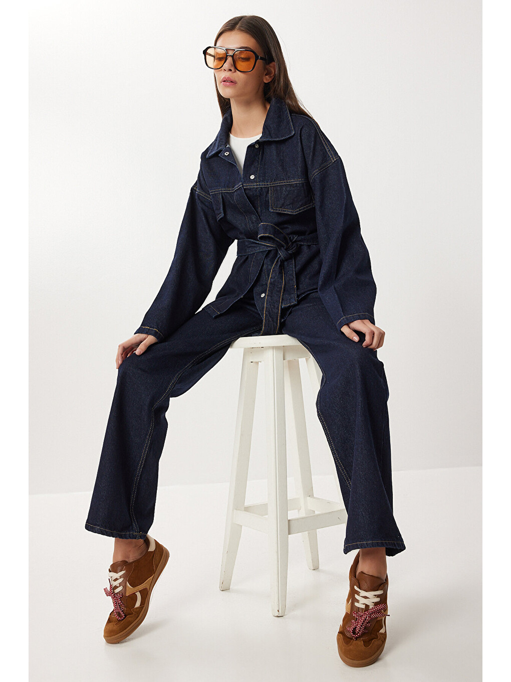Mavi Kuşaklı Denim Ceket Pantolon Takım T0242 KOYU MAVİ LRI0020