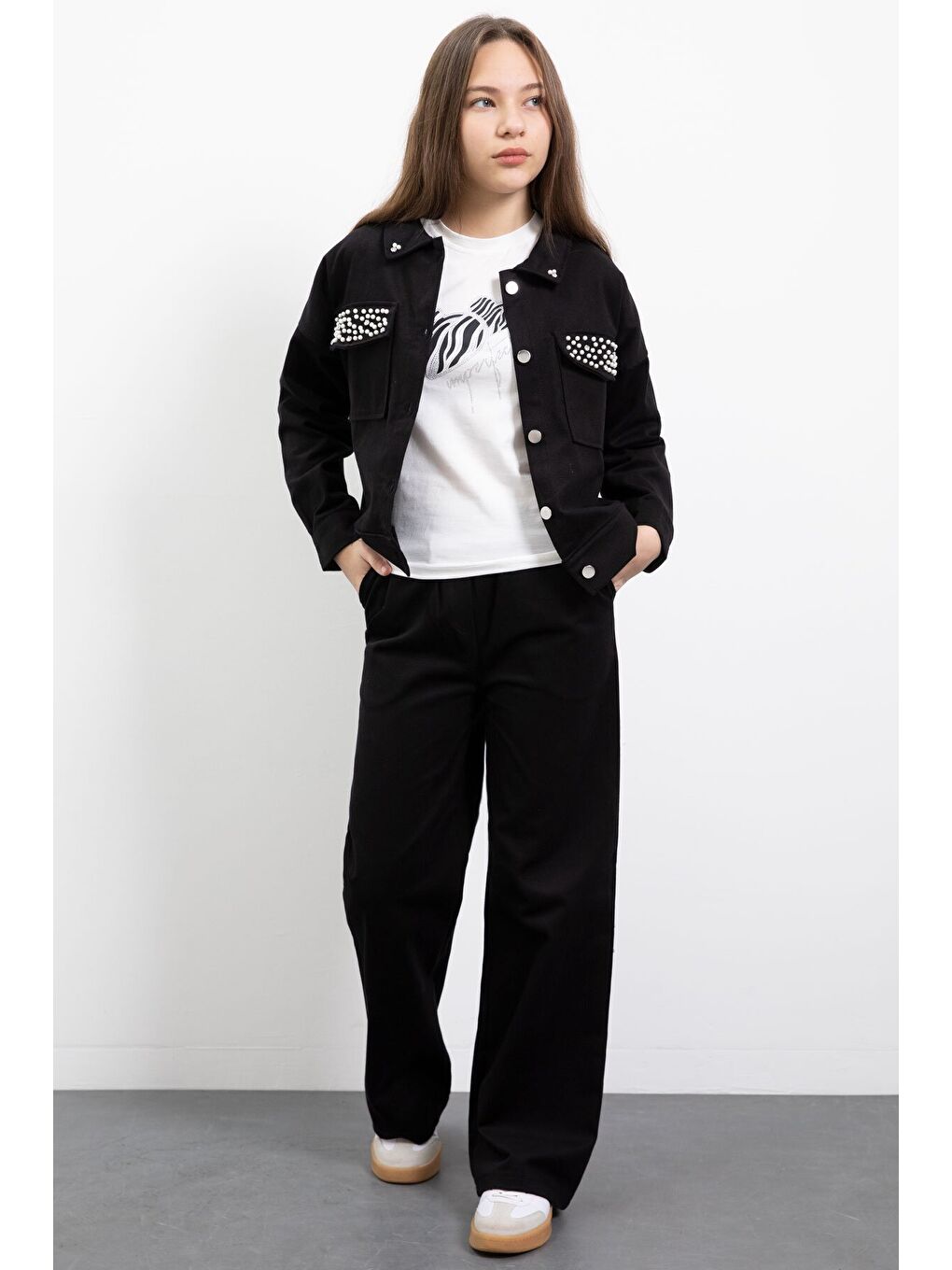 Siyah İnci Detaylı Jean Ceketli Kız Çocuk 3lü Pantolonlu Takım 23480-4