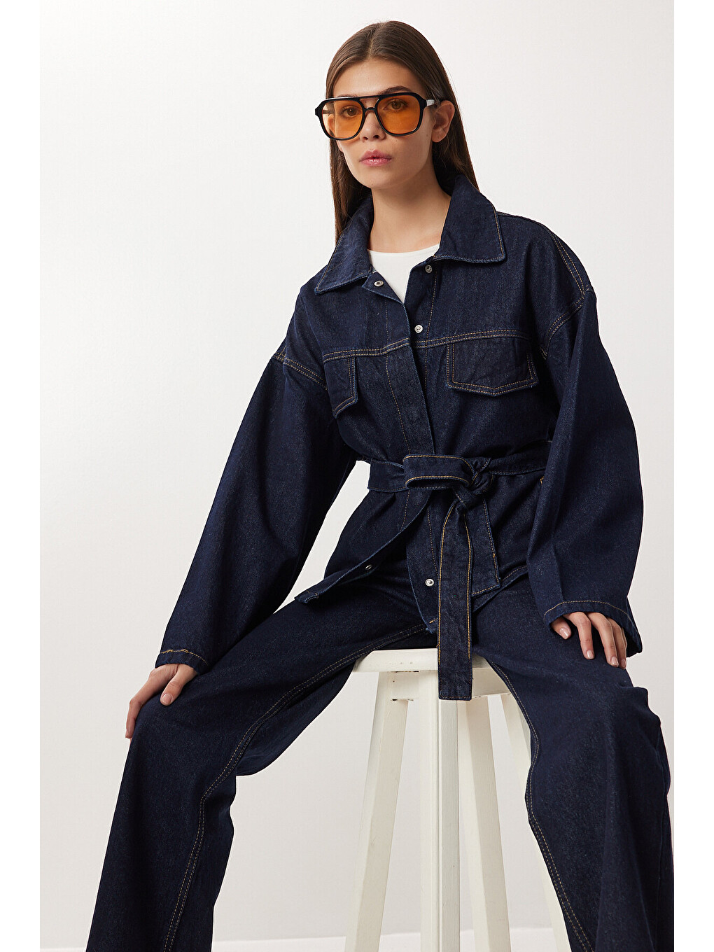 Mavi Kuşaklı Denim Ceket Pantolon Takım T0242 KOYU MAVİ LRI0020-1
