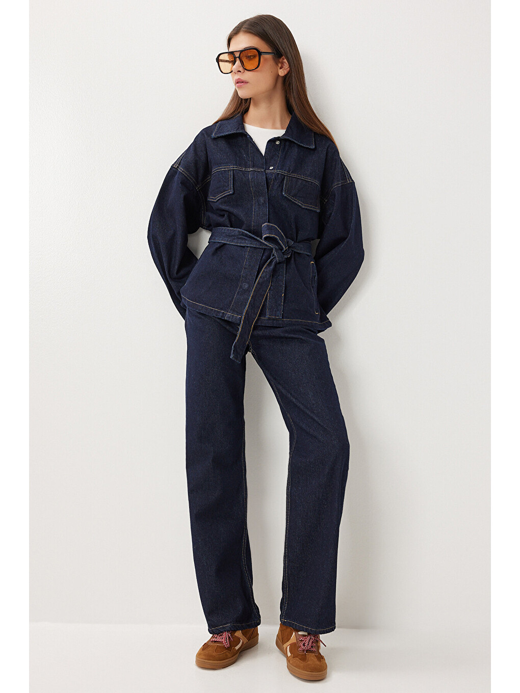 Mavi Kuşaklı Denim Ceket Pantolon Takım T0242 KOYU MAVİ LRI0020-2