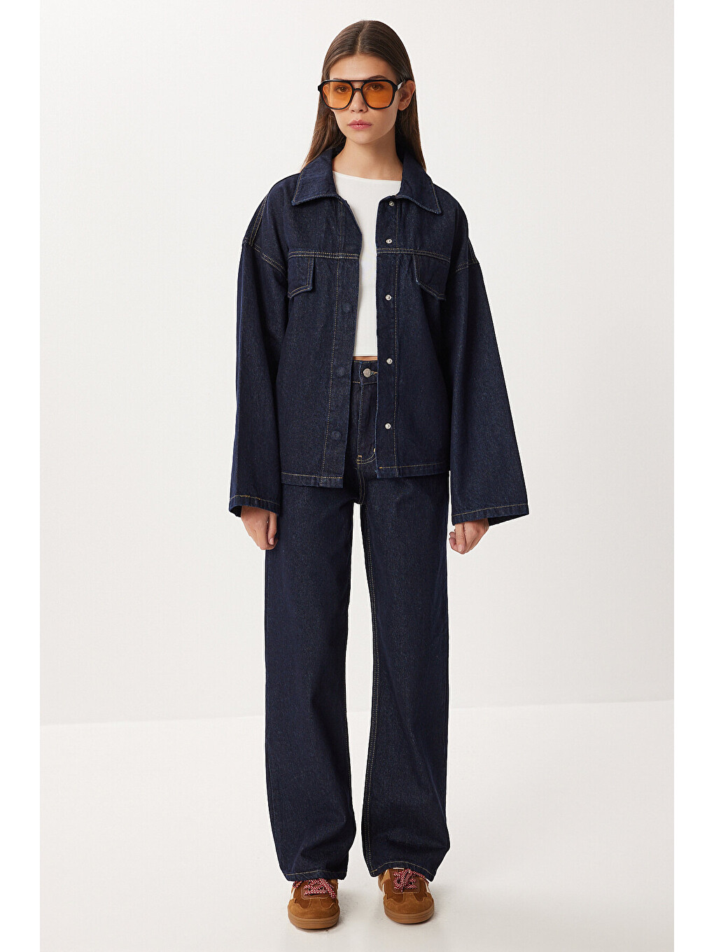 Mavi Kuşaklı Denim Ceket Pantolon Takım T0242 KOYU MAVİ LRI0020-3