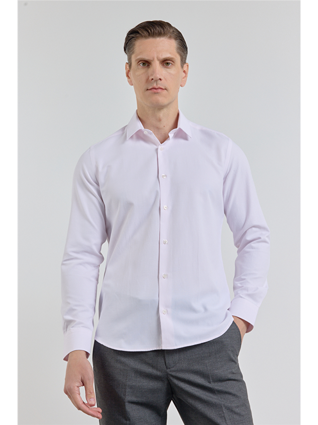 Pembe Pudra Kendinden Desenli Sert Yaka Uzun Kol Cepsiz Slim Fit Pamuklu Gömlek 1004255283