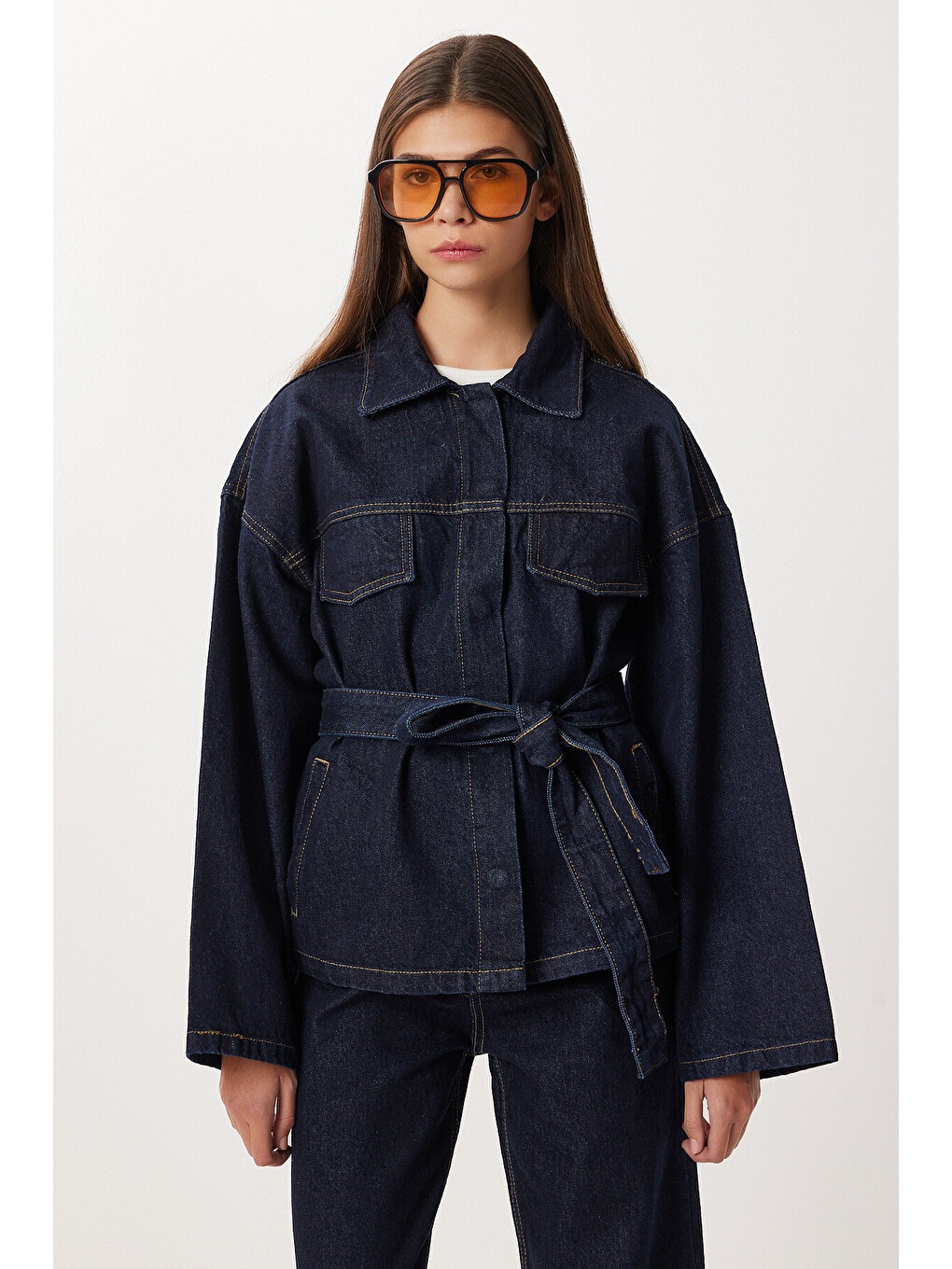 Mavi Kuşaklı Denim Ceket Pantolon Takım T0242 KOYU MAVİ LRI0020-4