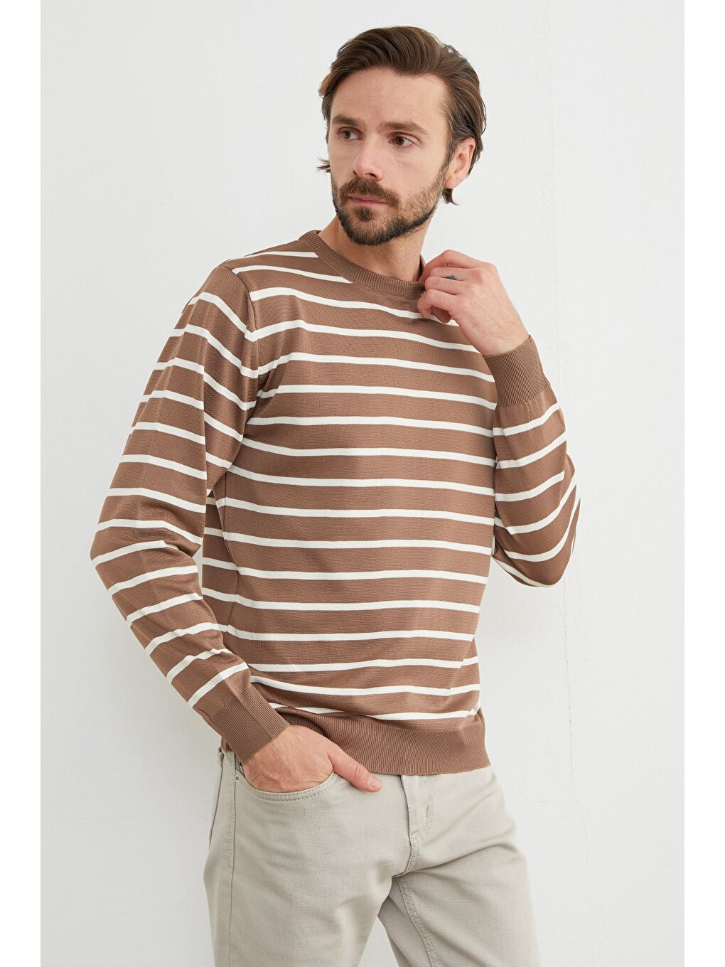 Kahverengi Çizgili Bisiklet Yaka Kazak-1