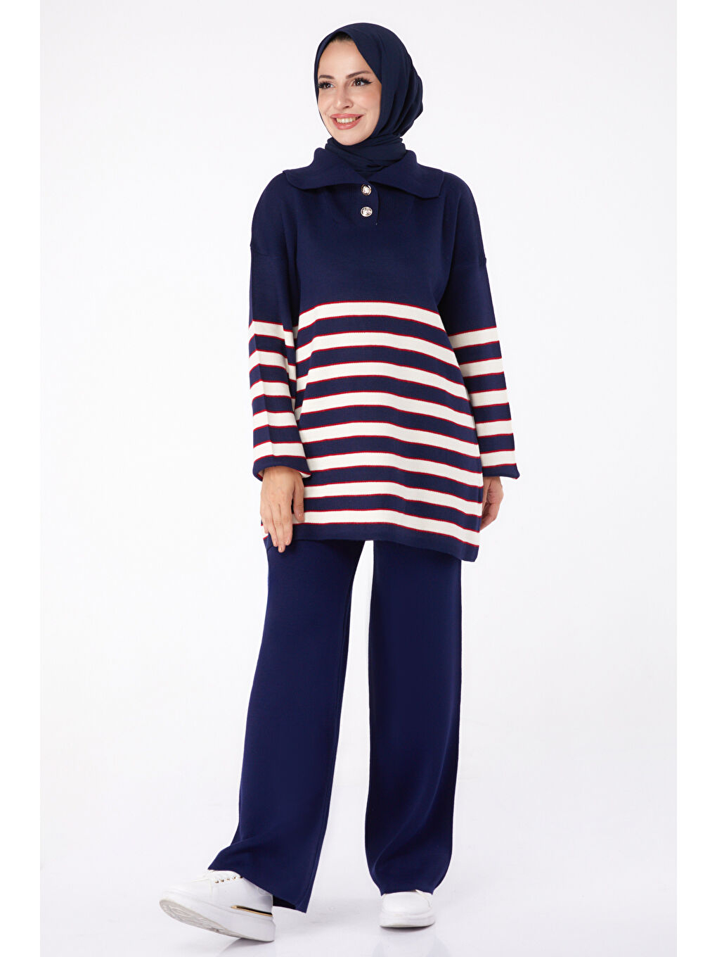 Gömlek Yaka Kadın Lacivert Çizgili Triko Takım - 26302
