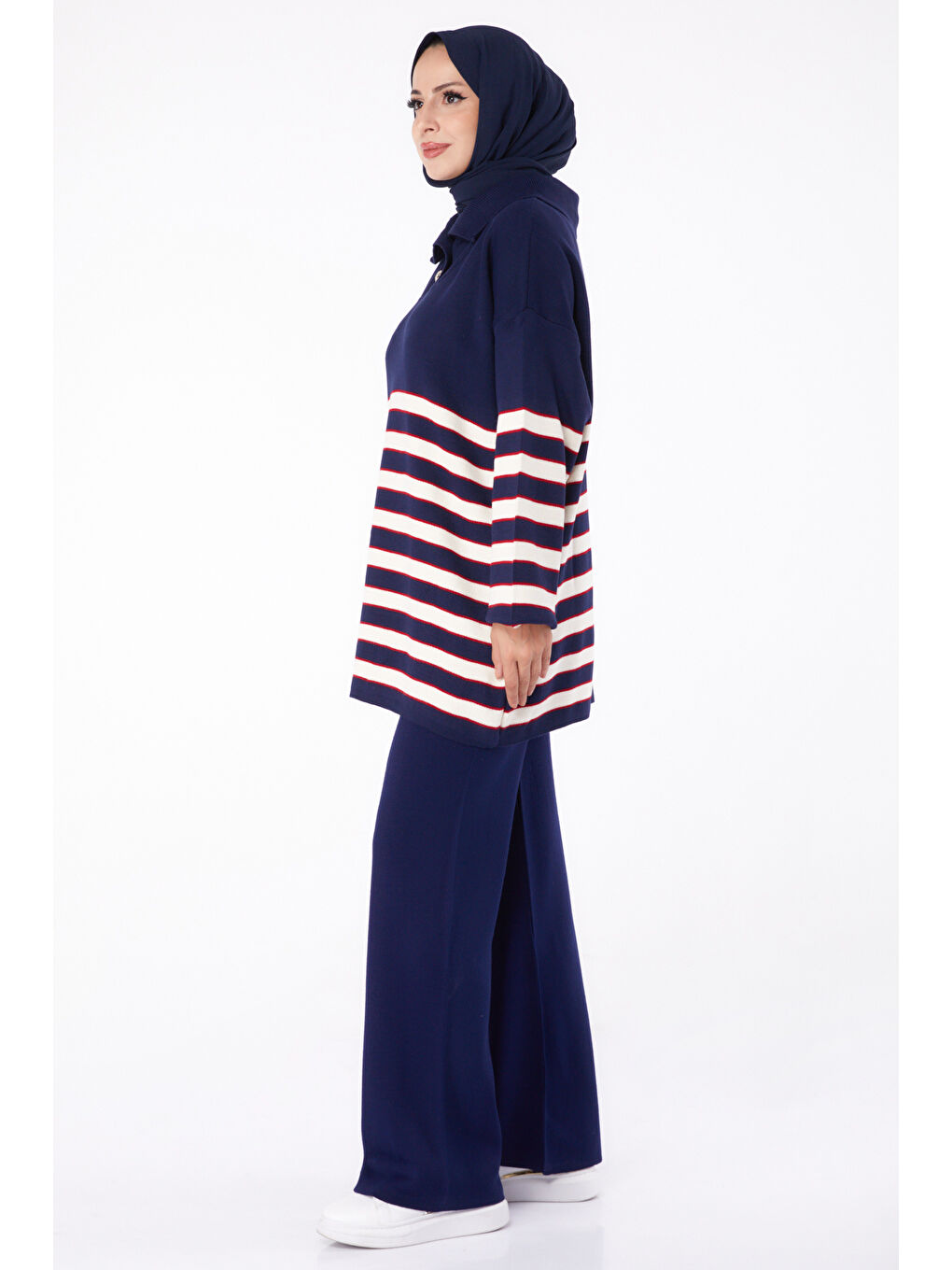Gömlek Yaka Kadın Lacivert Çizgili Triko Takım - 26302-1